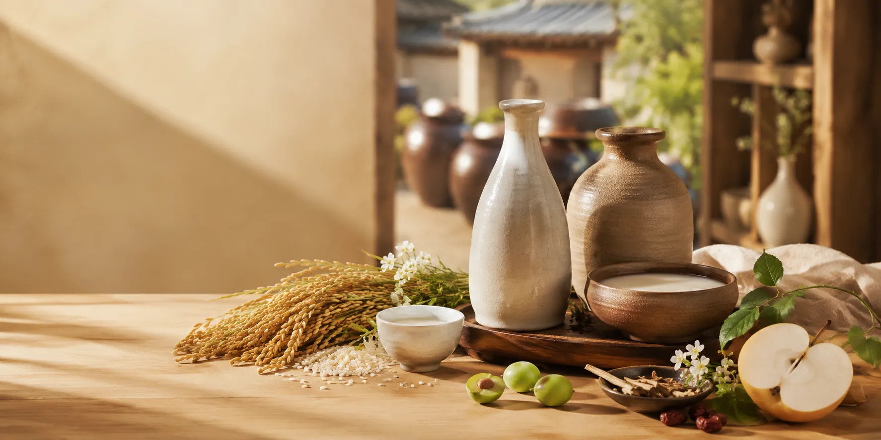 Korean sool displayed with traditional agricultural ingredients.