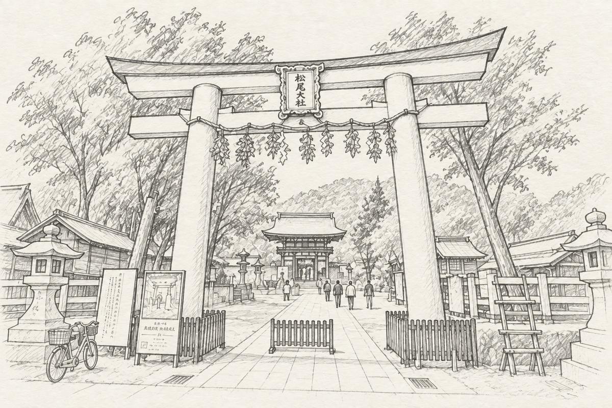 Sketch of the torii gate and entrance to Matsunoo Taisha.