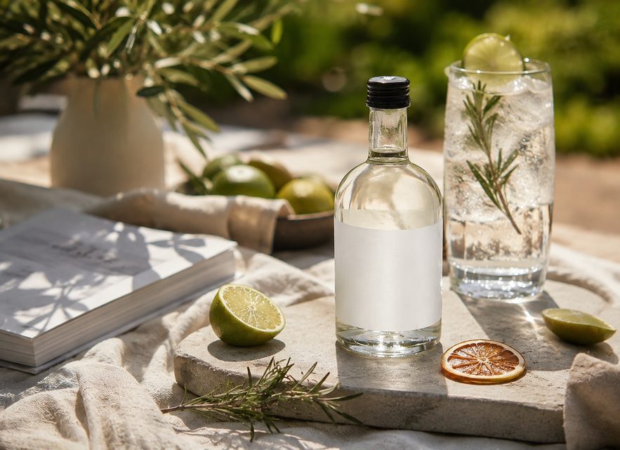 A clear bottle of sool beside an iced citrus drink outdoors.